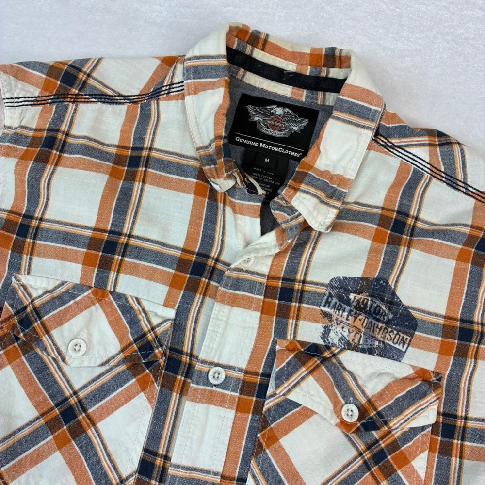 Harley-Davidson Shirt Mens Medium Orange White Plaid Short Sleeve Graphic Biker